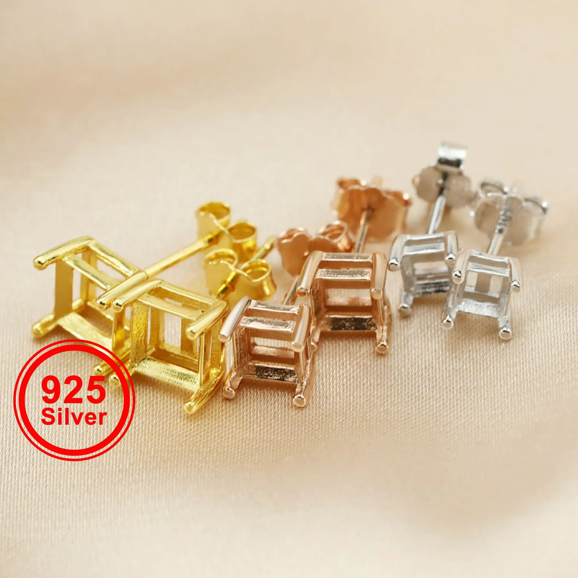 

4-6MM Square Solid 925 Sterling Silver Rose Gold Tone DIY Prong Studs Earrings Settings Bezel 1706023