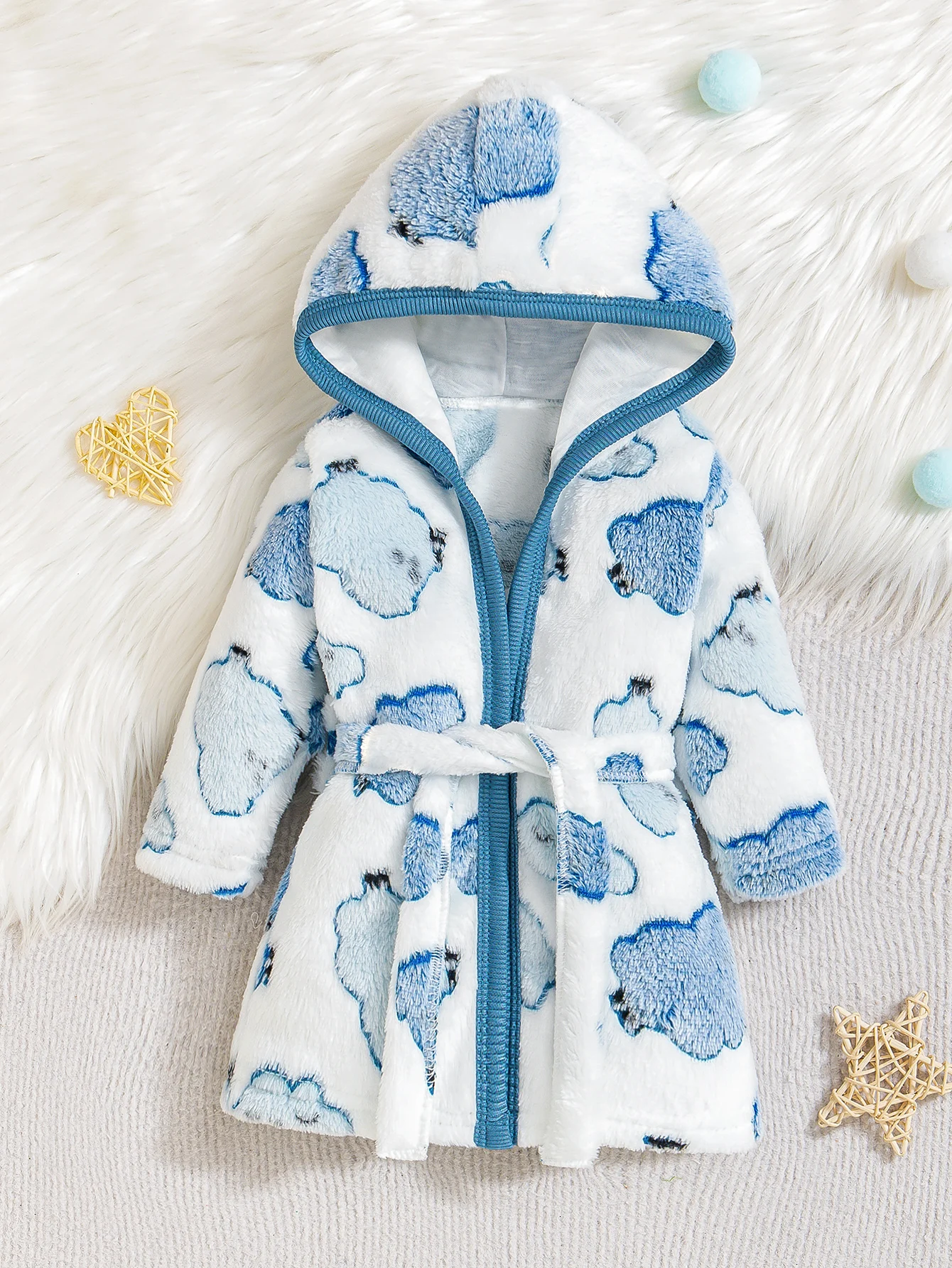 Baby Hooded Bathrobe with Blue and White Bear Print, Coral Fleece, Warm Thick Coat with Belt