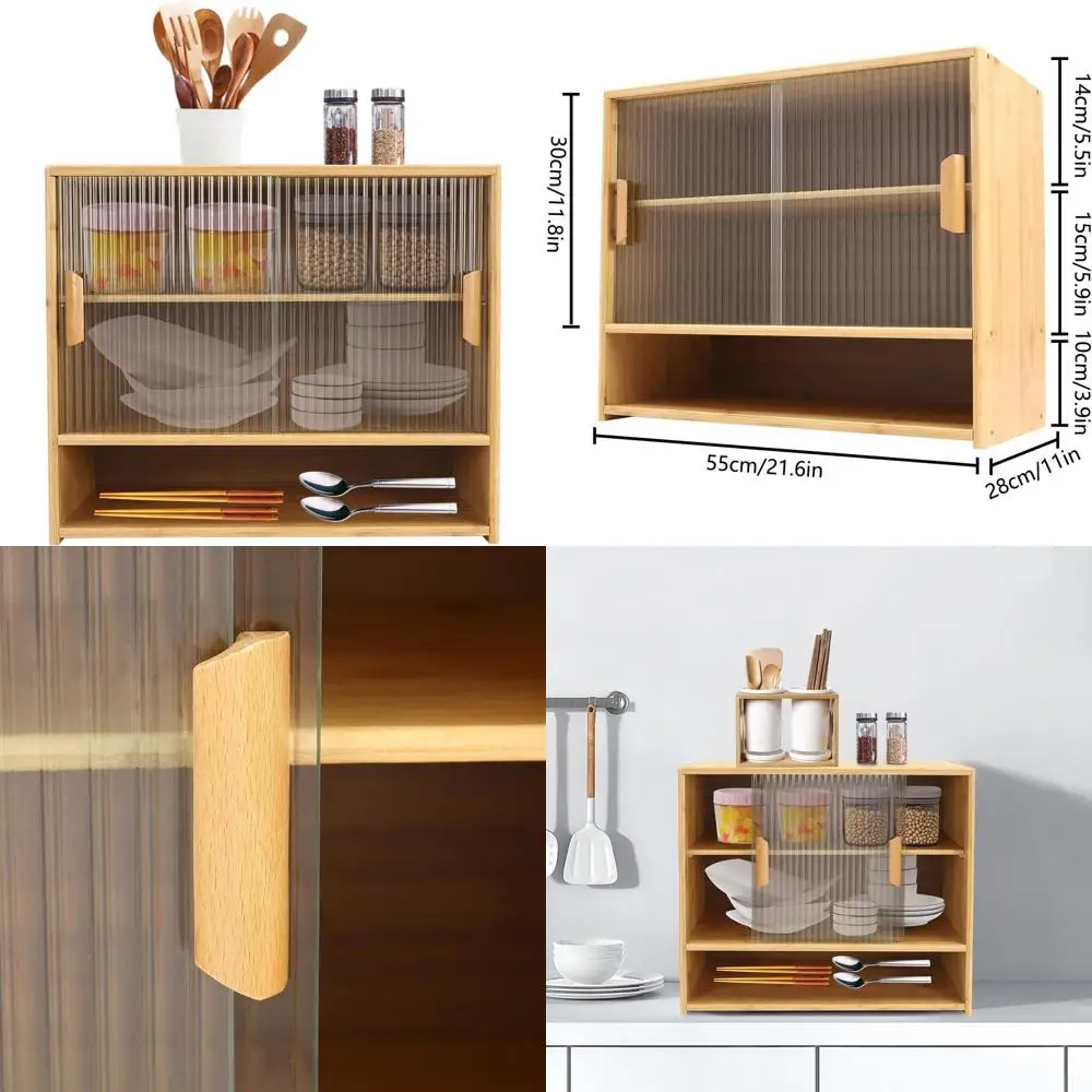 

3-Tier Bamboo Countertop Cabinet with Sliding Glass Doors for Kitchen Storage
