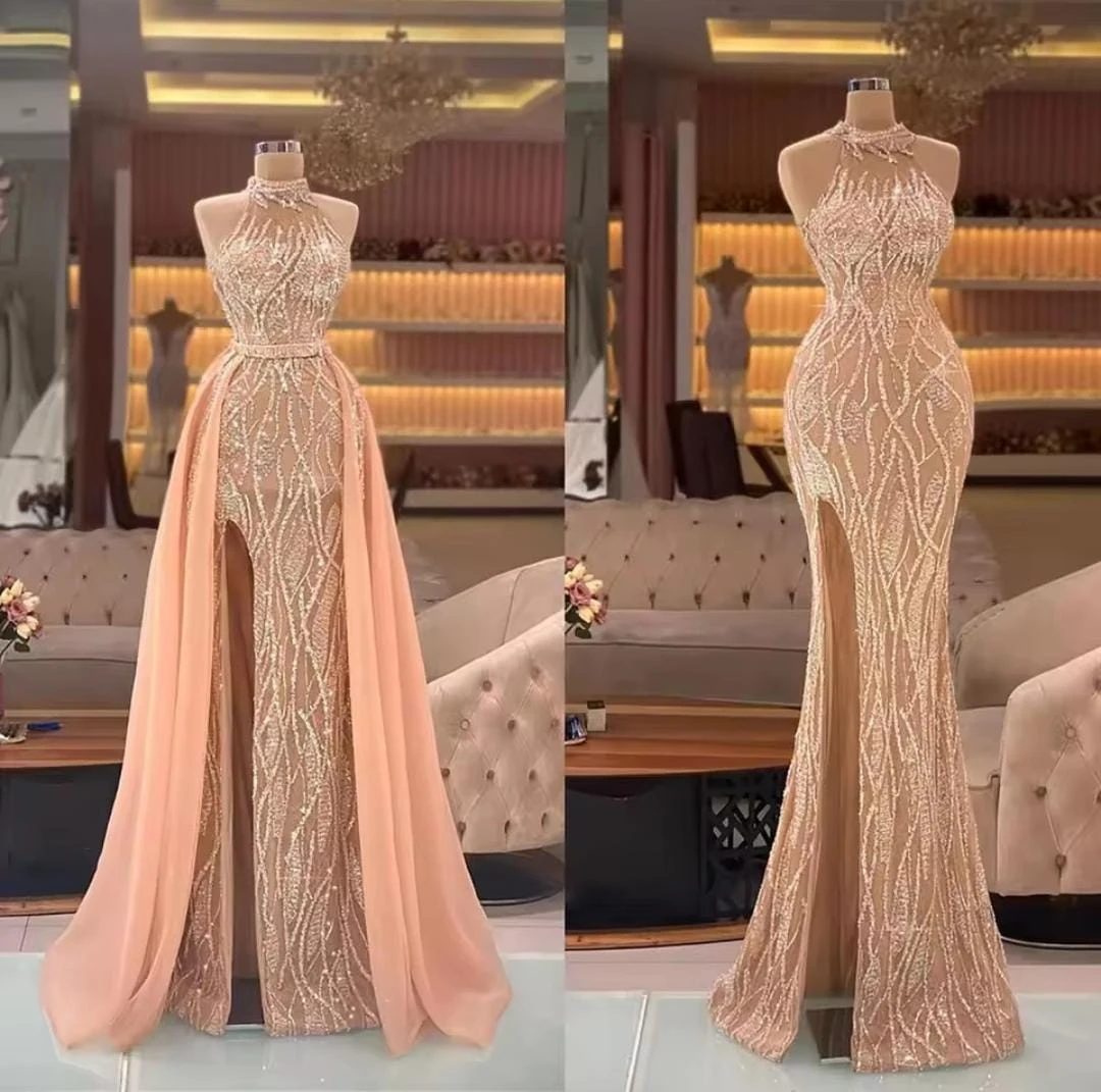 Customized A-line Evening Dresses Floor-length High-neck Full Sleeve Prom Gown Fashion Crystal Sequined Simple Draped Party Gown