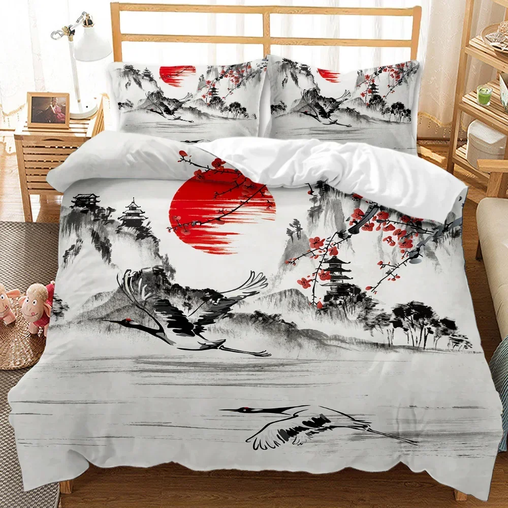 National Trend Duvet Cover Set Cherry Blossoms Crane Printed Bedding Set Sea Waves Down Traditional Retro Polyester Quilt Cover