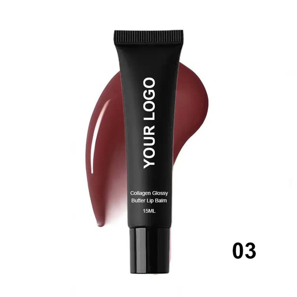 Bálsamo labial brilhante de colágeno de marca própria, 6ml, logotipo personalizado, 15g, tubo preto, batom, brilho labial, maquiagem, atacado, tampa branca vegana