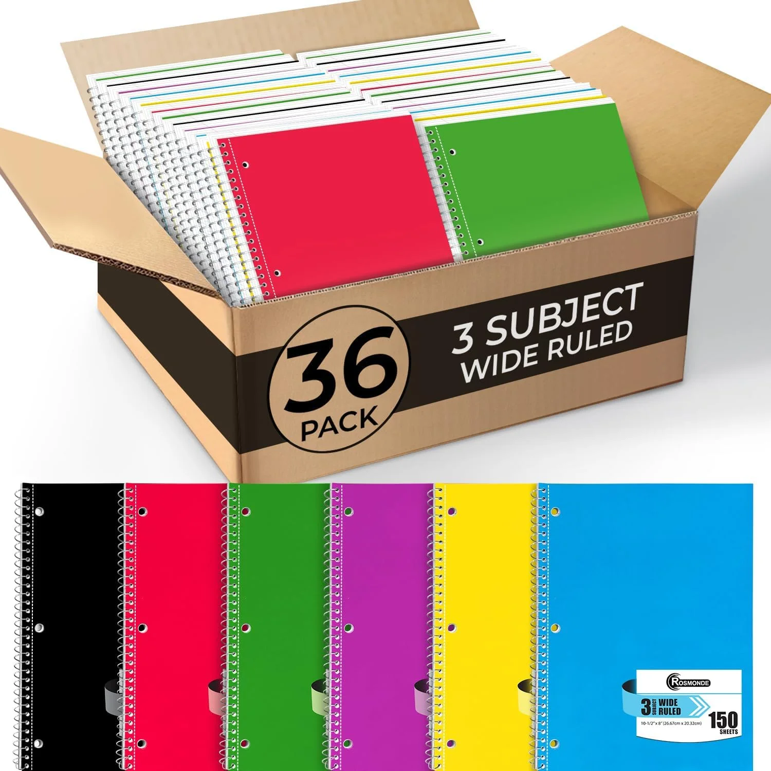 

36-Pack 3-Subject Spiral Notebooks, Wide Ruled with Thick Paper, 300 Pages, Assorted Colors for School and Office