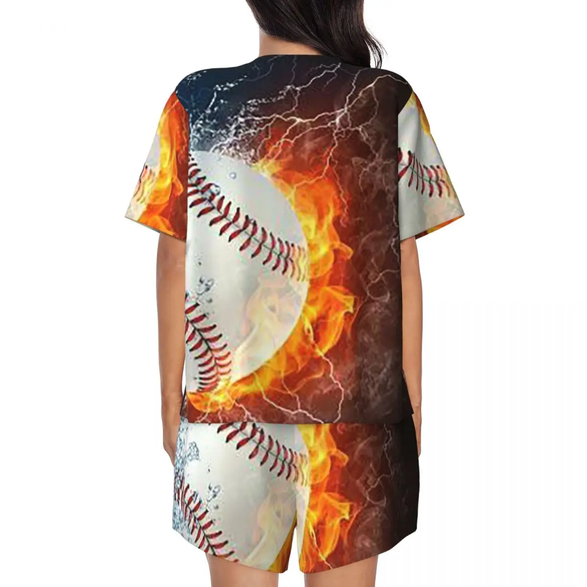 Baseball In The Fire And Water Round Neck Short Sleeve Nightgowns for Sleeping Sleepshirts Women Loose Pajama Set Short Pants
