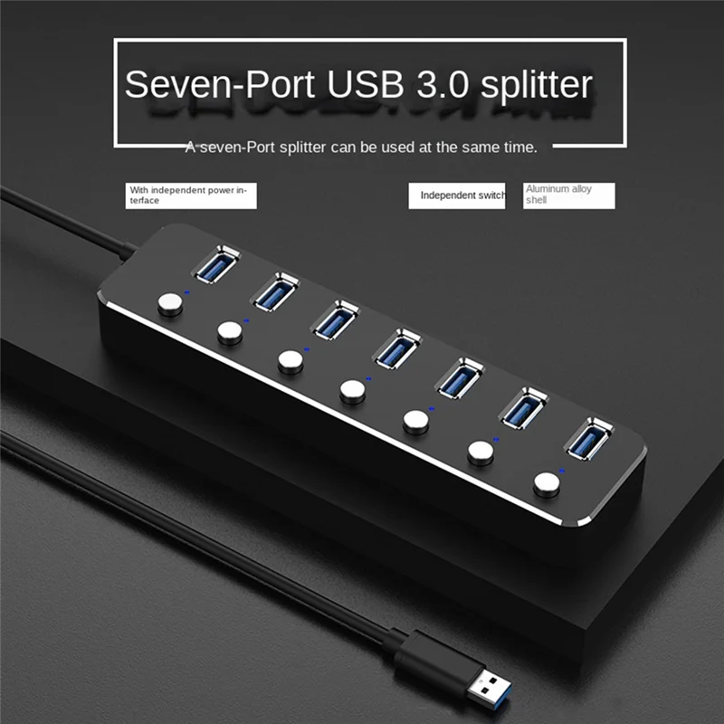 Adaptador de alimentação USB 3.0 com 7 portas, divisor de liga de alumínio, interruptor multi extensor, cabo de 1,2 m