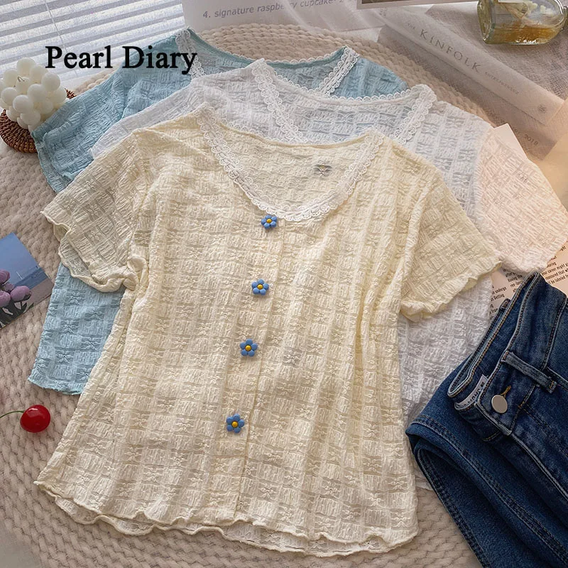 Pearl Diary Women Thin Pullover Knitting Top Women Flower Single-Breasted Lace O-Neck T-Shirt Summer Pure Colour Cute Tops