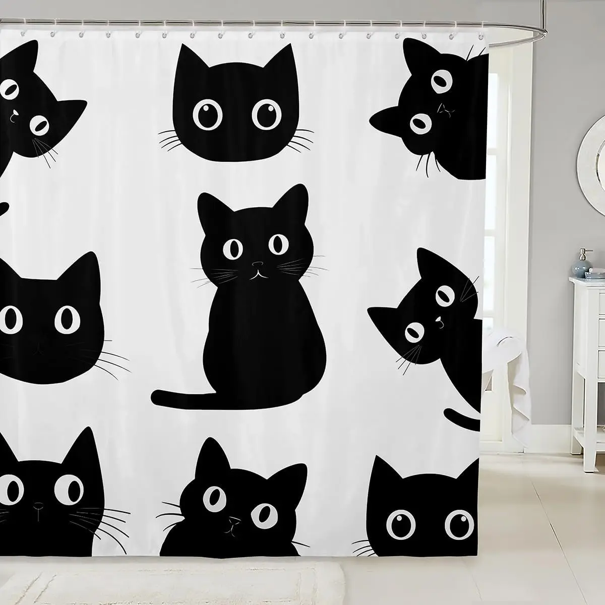 أسود القط دش الستار الحيوانات الأليفة القطط اكسسوارات الحمام هريرة لطيف هالوين القوطية أطفال بنات بنين أبيض أسود حمام مقاوم للماء #1