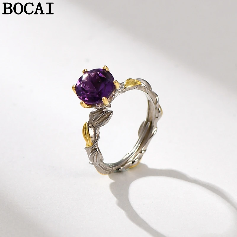 

BOCAI NEW S925 Pure Silver Fashionable And Luxurious Wrapped in Tree Leaves Inlaid With Amethyst Round Egg Shaped Surface Ring