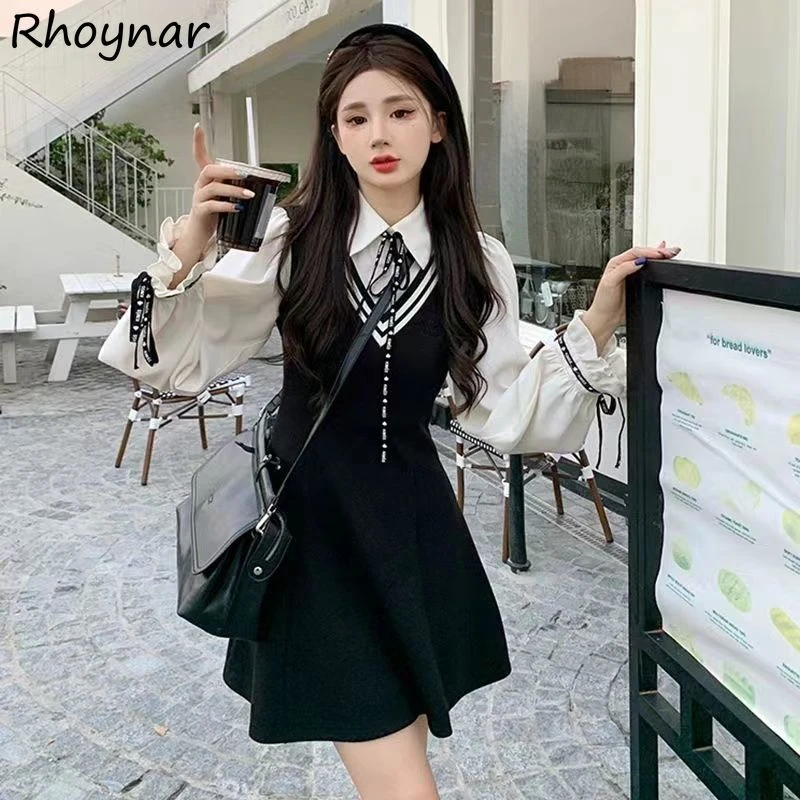 Fake Two Piece Dress Women Mini Black Preppy Aesthetic Temper Girlish Sweet High Waist Designer Luxury Panelled Платье Женское