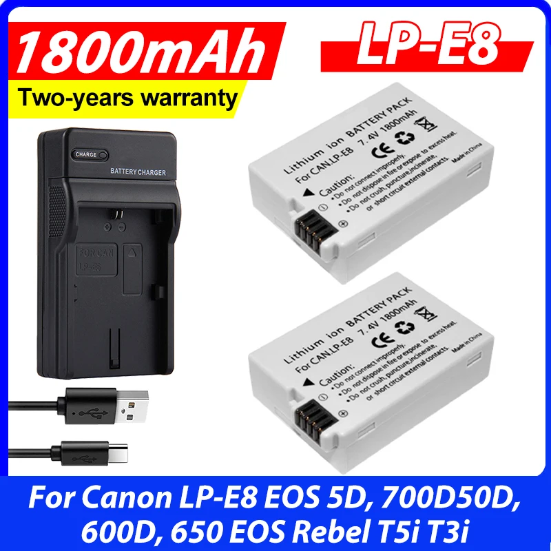 2Pcs 1800mAh Li-ion LP-E8 LP E8 Battery Pack + AC Car Charger Kits For Canon LP-E8 EOS 5D, 700D50D, 600D, 650 EOS Rebel T5i T3i