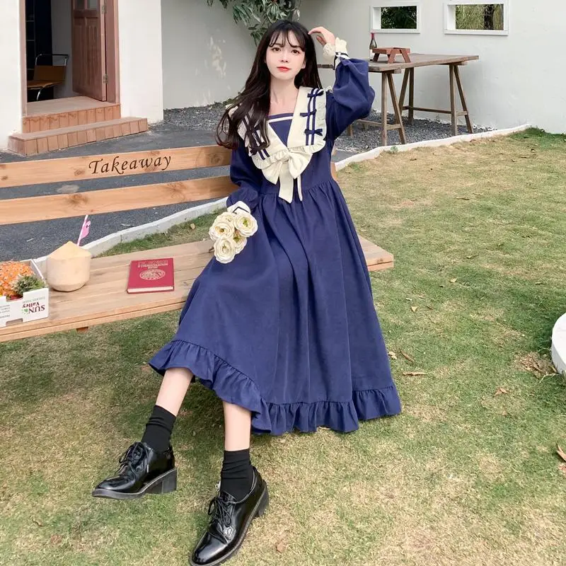 Women Large Size M-4XL Autumn Winter 2022 Sweet College Dress Long Sleeve Lolita Navy collar Dresses Female y2k Blue Clothes