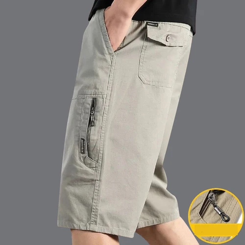 Imagen 2 del producto Pantalones cortos Cargo clásicos para hombre, pantalones cortos informales hasta la rodilla con bolsillo y cremallera, pantalones cortos de trabajo rectos sueltos de algodón, ropa para hombre