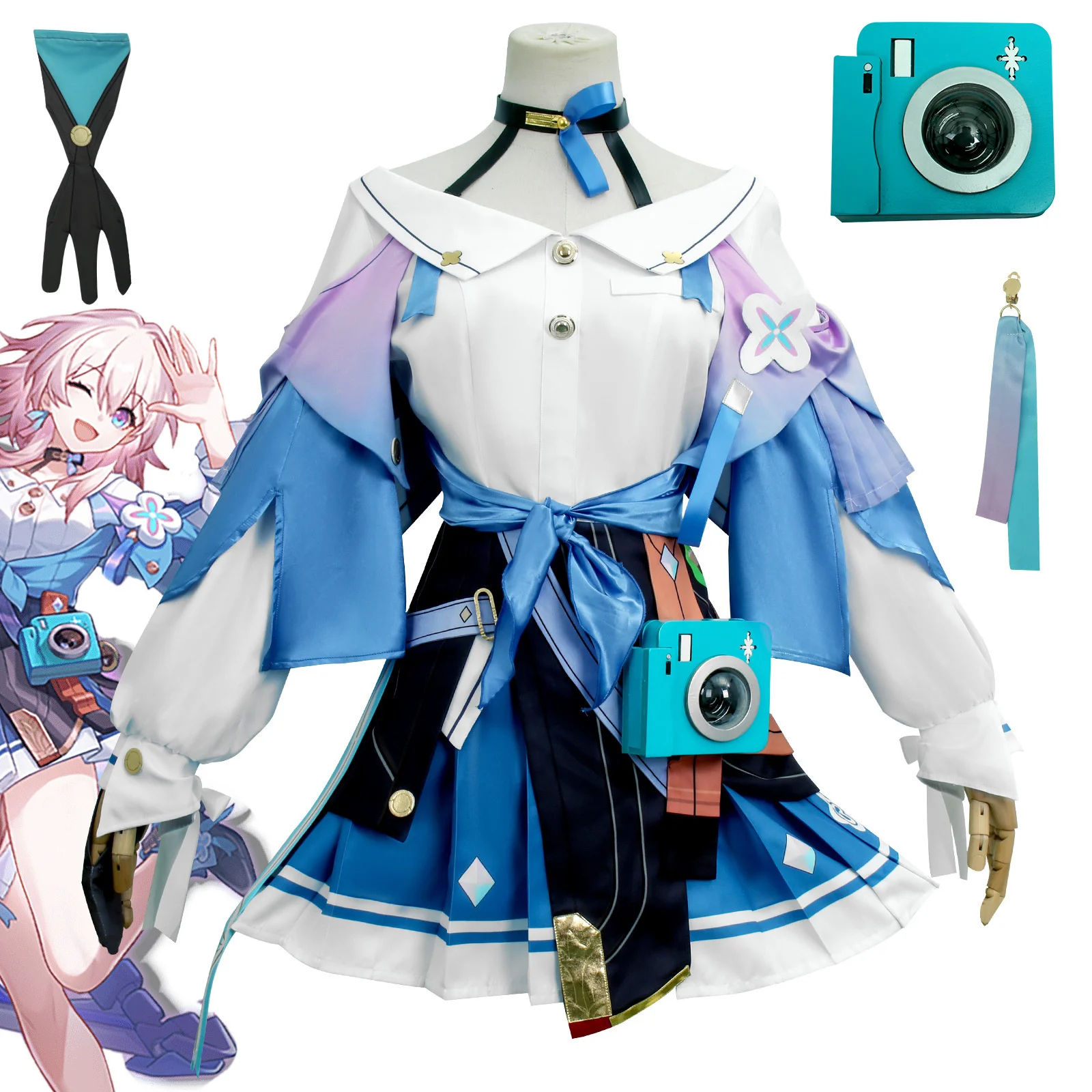 

Game Honkai Star Rail March 7th Cosplay Costume Wig Camera Set Cute Girl Purple Dress Props Halloween Suit