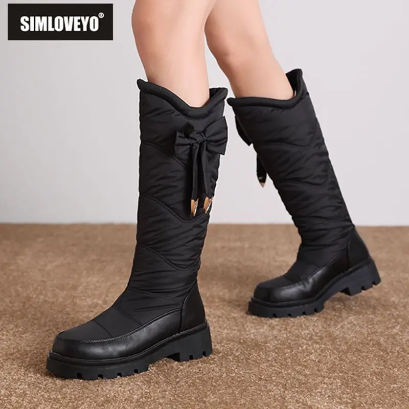SIMLOVEYO الشتاء أحذية ثلج جولة تو كعب سميك 5 سنتيمتر الانزلاق على Bowknot مقاوم للماء أفخم الدافئة الركبة عالية بوتا حجم كبير 43 44