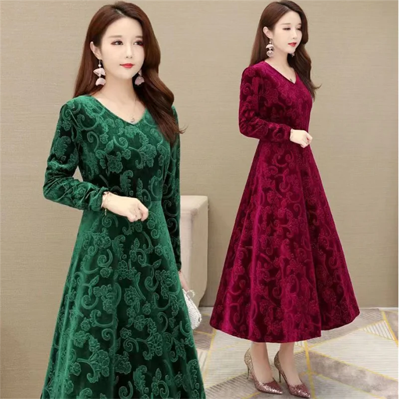 Chic Maxi Dress Ankle-Length Women Dress Unique Pattern Pleated Swing Large Hem Pure Color Velvet Dress Dressing Up