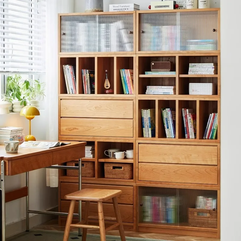 wood bookcase free combination module floor-to-ceiling living room cherry wood bay window lattice display storage low cabinet