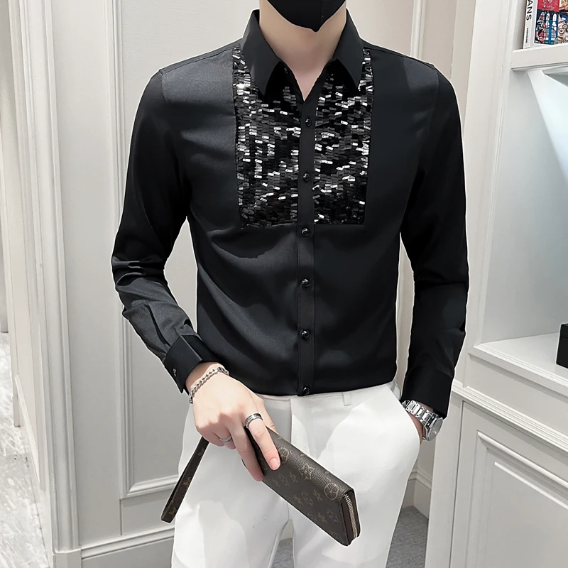 New Design Shirt Man White Black Long Sleeve Tuxedo Shirts Front Sequins Dress Slim Fit Top Clothes Wedding Party Dance Blouse