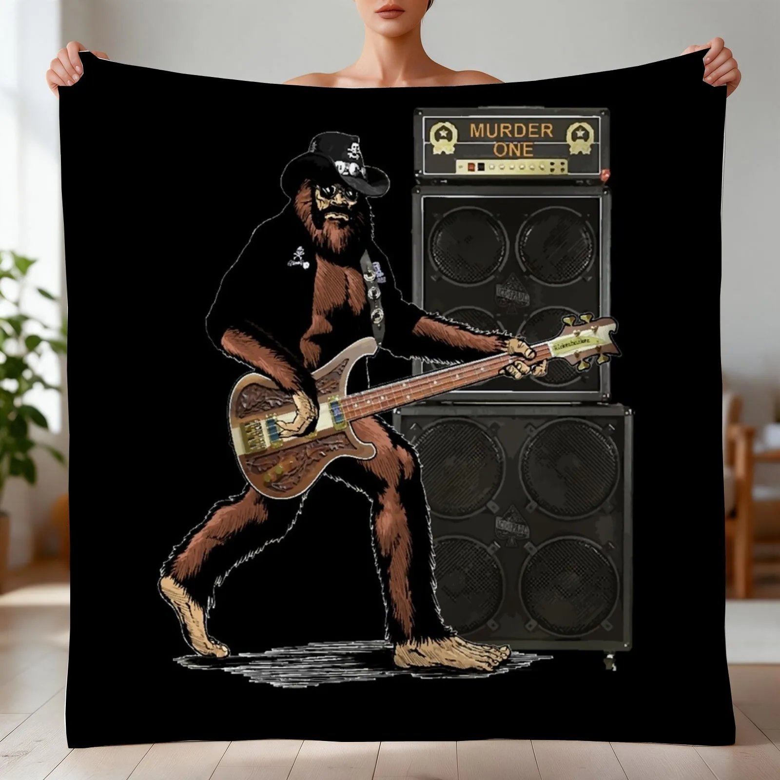 Bigfoot Heavy Metal Bass Guitar Rocks! Throw Blanket Warm Thermal Luxury Designer Blankets