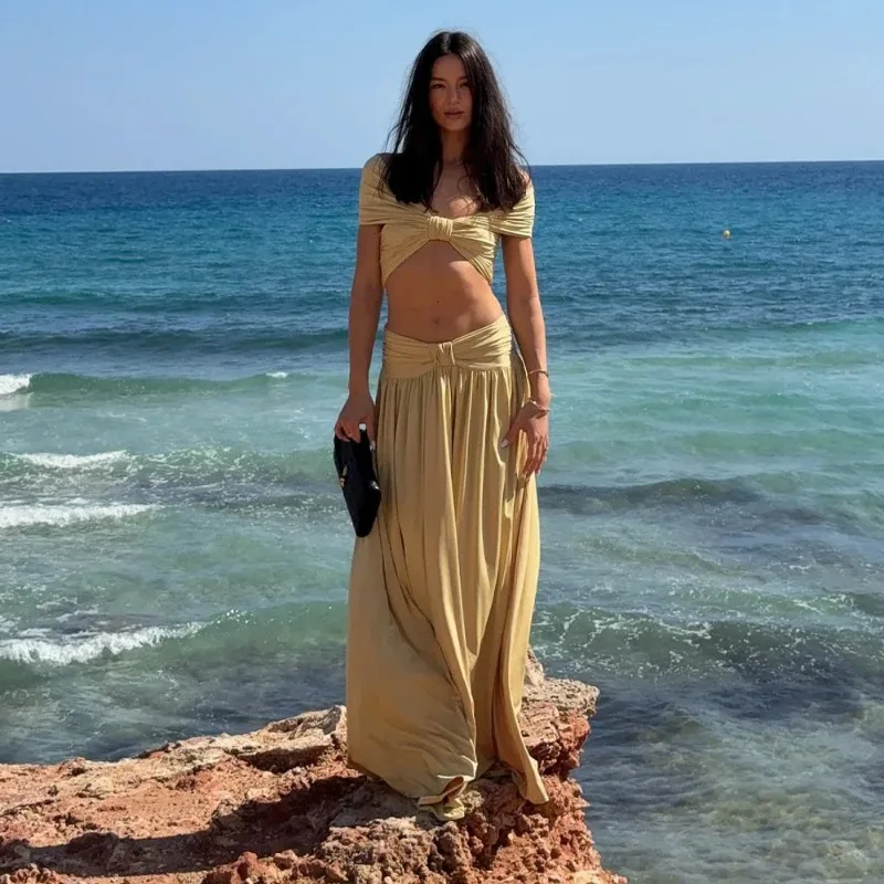 

Ruched Knot Off Shoulder Crop Tops + A-line Maxi Skirts Women Solid 2 Piece Set Vacation Beach Dress Suits Party Casual Sets