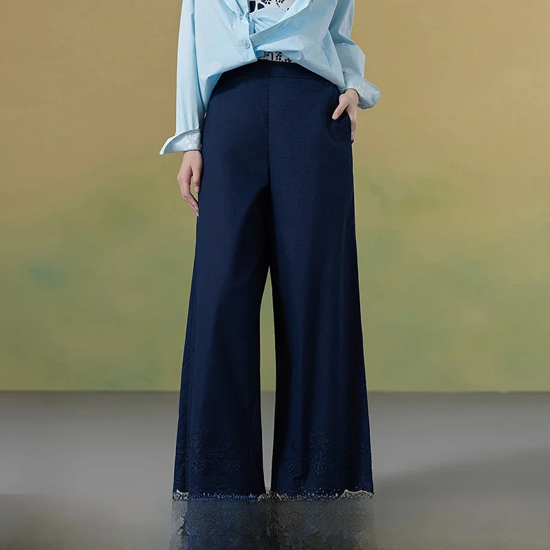 

Новые женские брюки с широкими штанинами из хлопково-льняной смеси с вышивкой, осенняя коллекция 2025, с вырезами, универсальные, на молнии, с завышенной талией