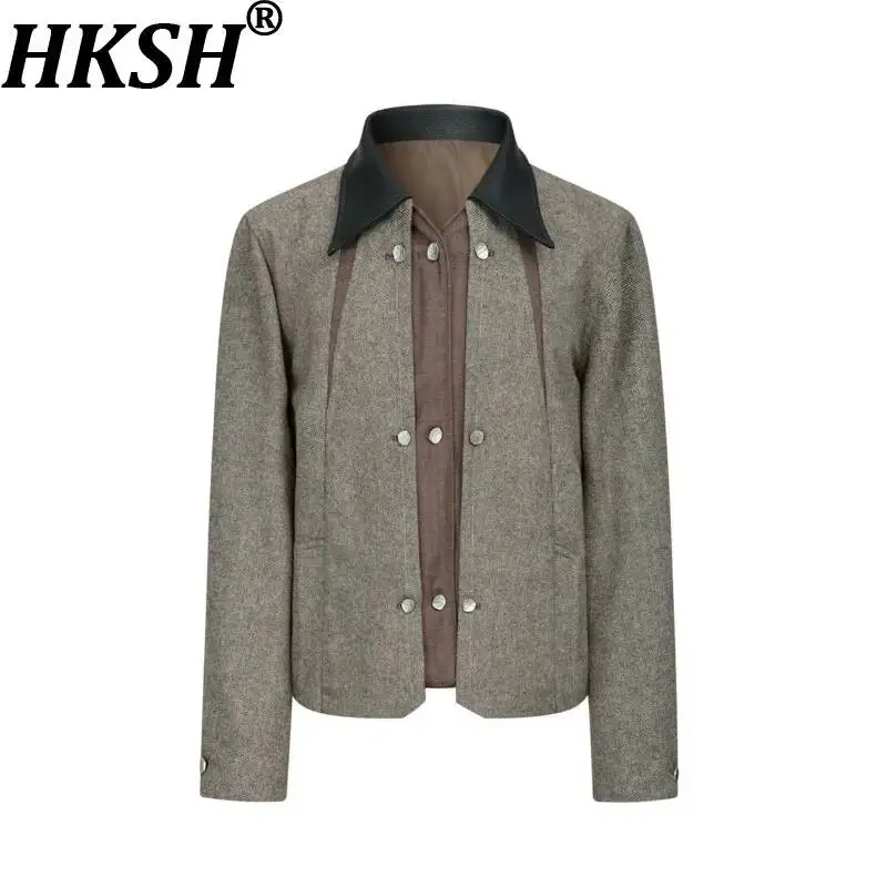 HKSH Spring Autumn Winter New Mne Tide Vintage Wool Fake Two-Piece Jackets Multi-Shape Herringbone Old Money Blazer Coat HK25825