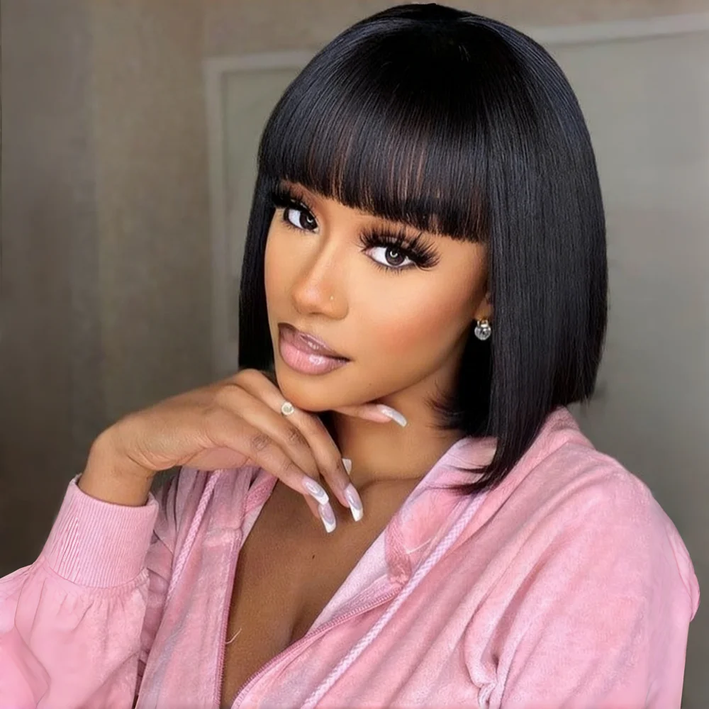 

8inch Full Machine Made Bone Straight Human Hair Wigs With Bangs Short Bob Human Hair Wigs For Women
