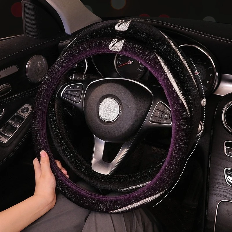 Elegant Swan Velvet Steering Wheel Cover | Bling Bling Wavy Rhinestone Strip | Non-Slip Rubber Inner Ring | Fits 14.5-15