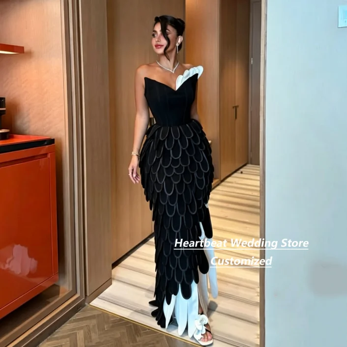 Customized Black White Mother Of The Bride Gown Strapless Corset 3D Petal Mermaid Split Formal Wedding Evening Maxi Dress