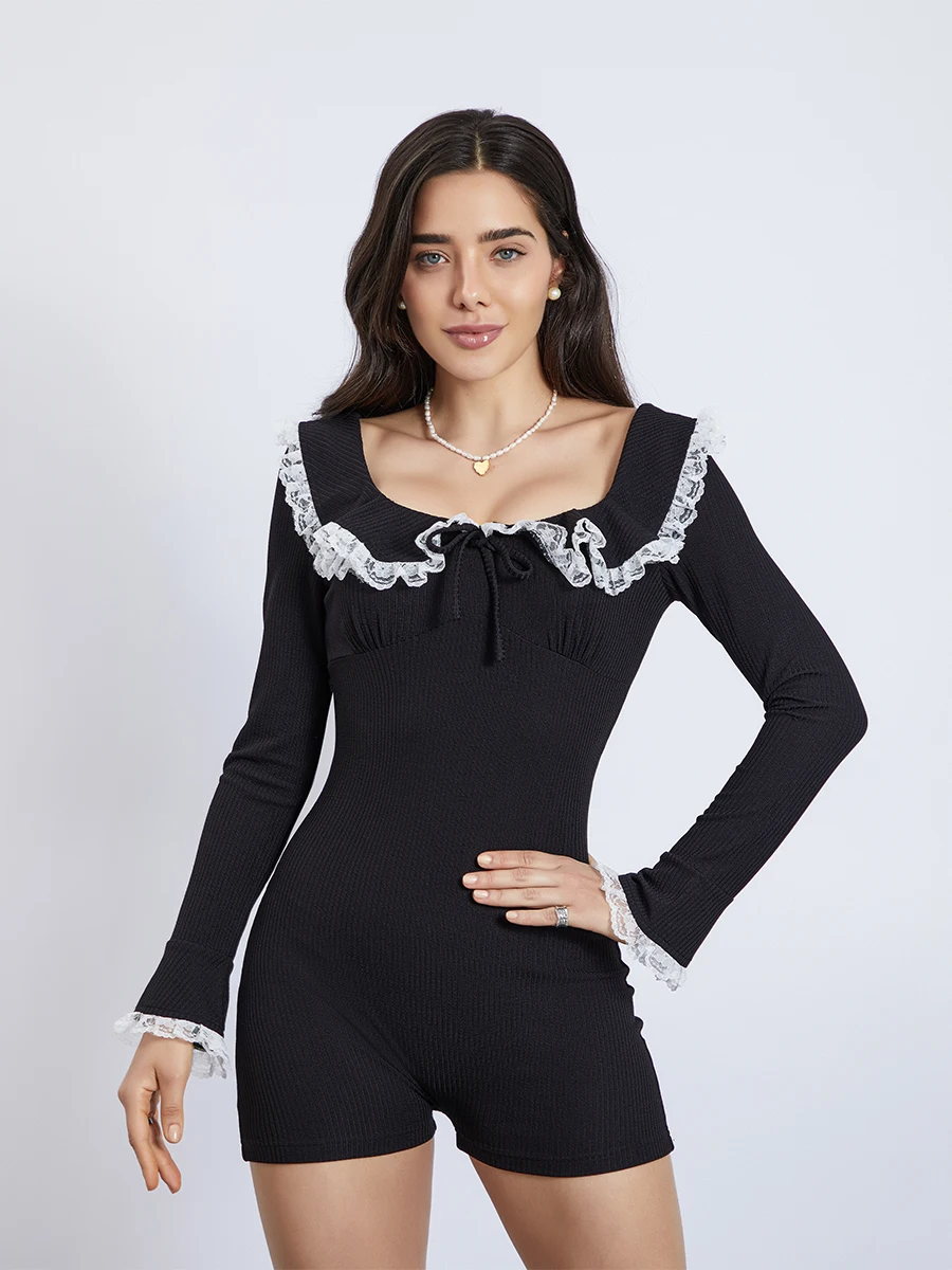 Women Summer Shorts Jumpsuit Casual Lace Patchwork off -Shoulders Long Sleeve Bodysuit Playsuit Romper Club Streetwear