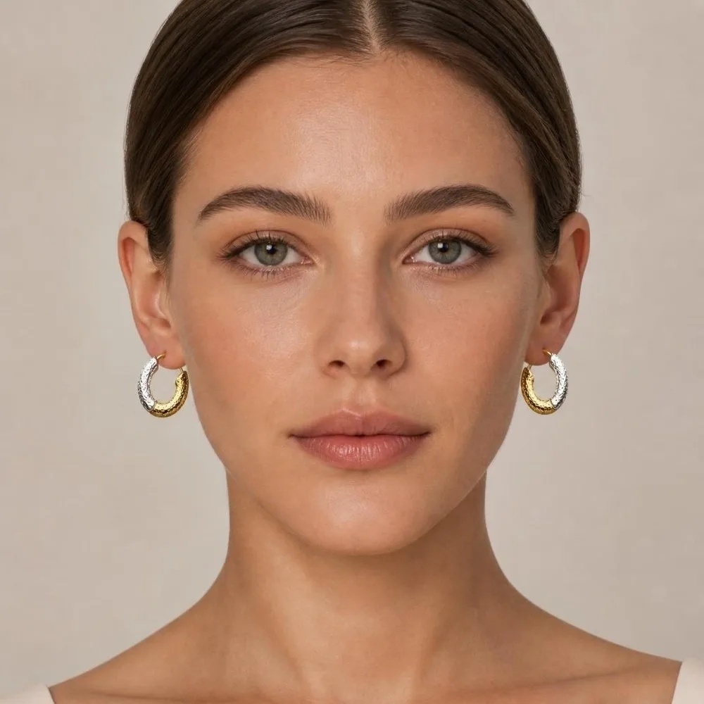 1Pair Two-color Hoop Earrings Ear Buckle Irregular Texture Bicolor Earrings Concave-convex Texture Round Earrings Girl Women