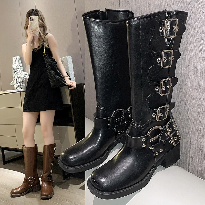 

Woman Boots Knee High Platfrom Studded Spring Summer Knight Combat Gothic Elegant Medium Heel Women's Shoes Motorcycle Footwear