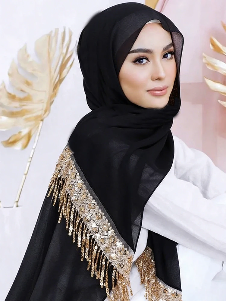 Luxuriöser Pailletten-Quasten-Hijab Chiffon-Schals Muslimische Frauen Kopftuch Einfarbiger Langer Schal Damen Kopfbedeckung Hochzeit Ramadan Eid – Detail 1