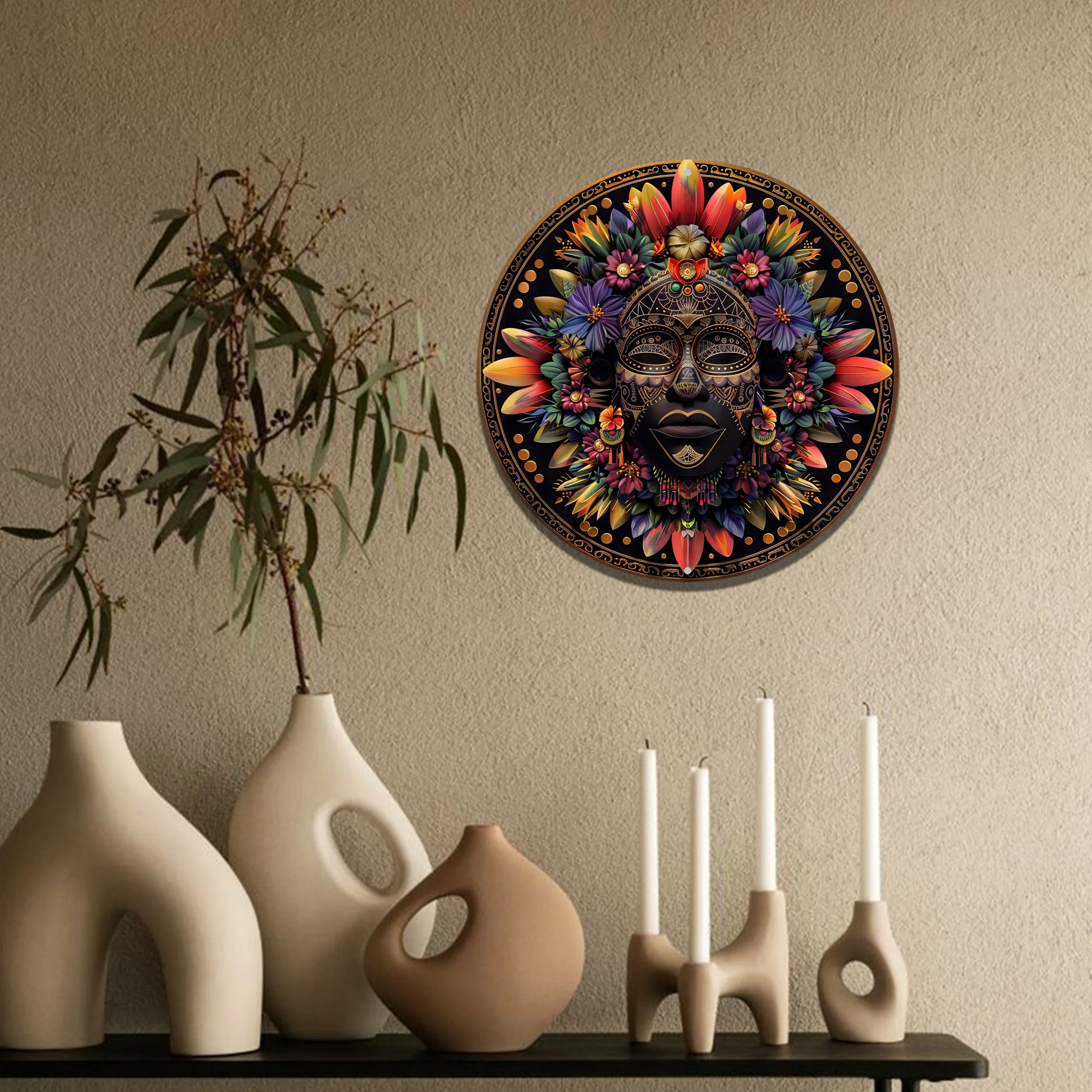 African Mask Themed Wreath Sign, Round Aluminum Wall Decor for Home, Cafe, Apartment & Restaurant Mandala Wall Decor