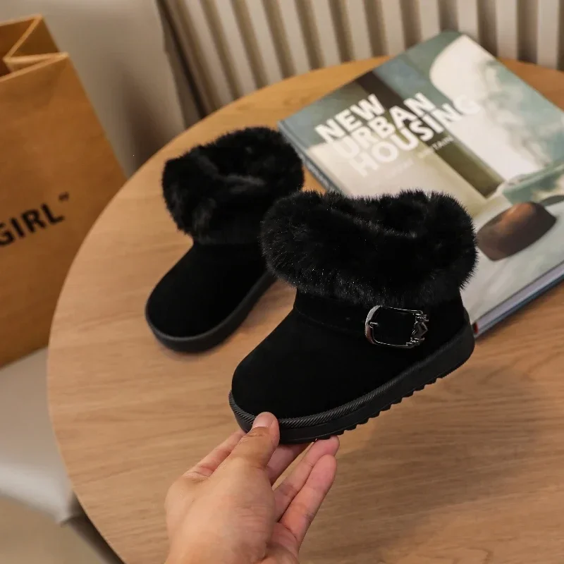 Toddler Kids Furry Cuff Winter Boots, Adjustable Buckle, Plush Lining, Non Slip Sole for Cold Weather Daily Outdoor Wear