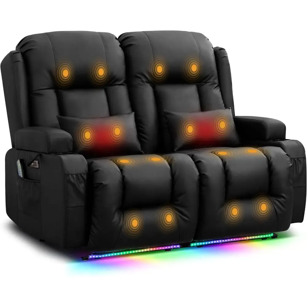 

Home Theater Reclining Loveseat with Massage, Heat, and Leather-Look Features, USB/Cup Holders, LED Lights, Pillows (Black)