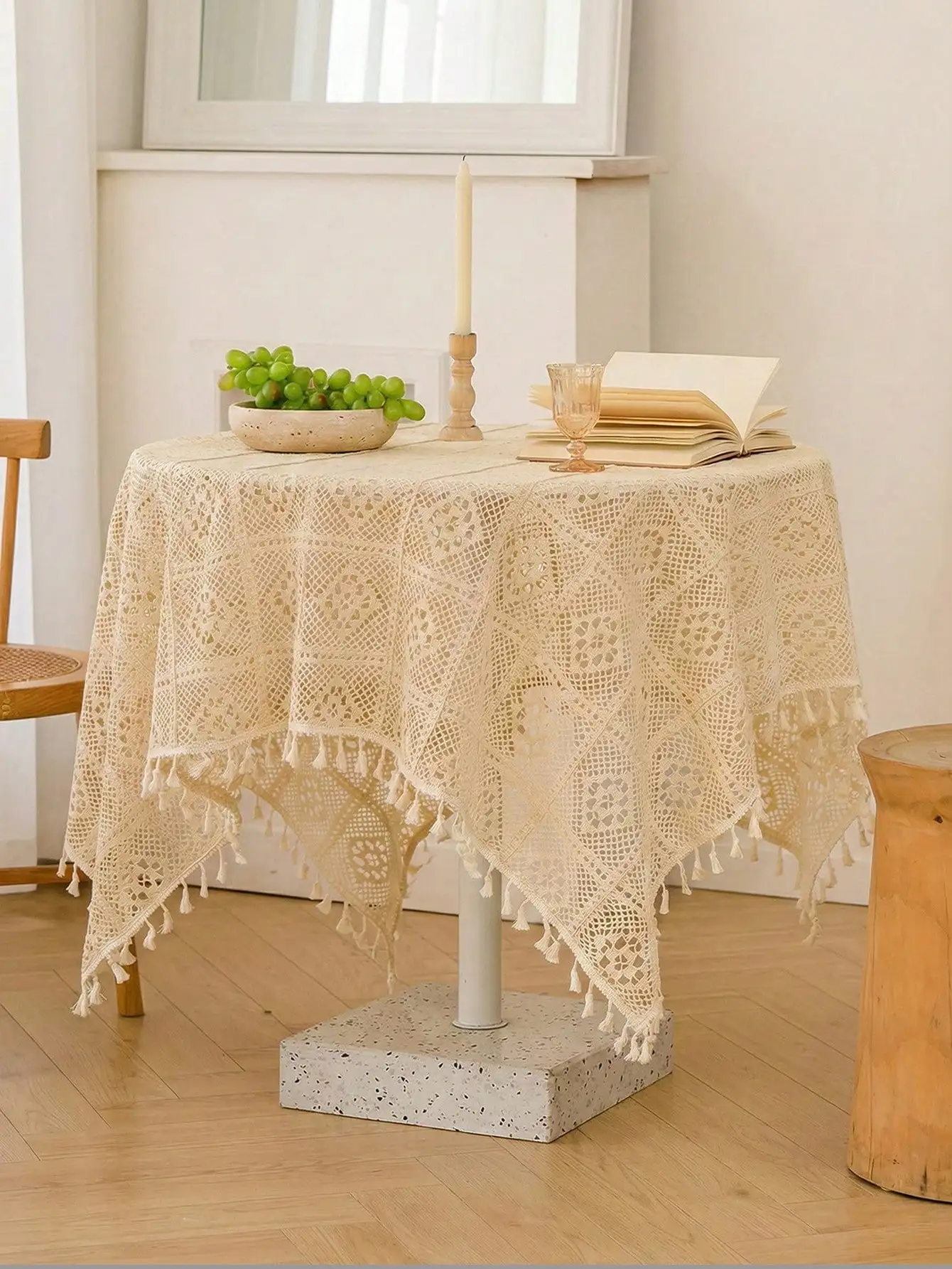 1pc Bohemian Style Hollow Checkered Tablecloth, Solid Color Rustic Minimalist Design With Tassels, Suitable For Dining Table