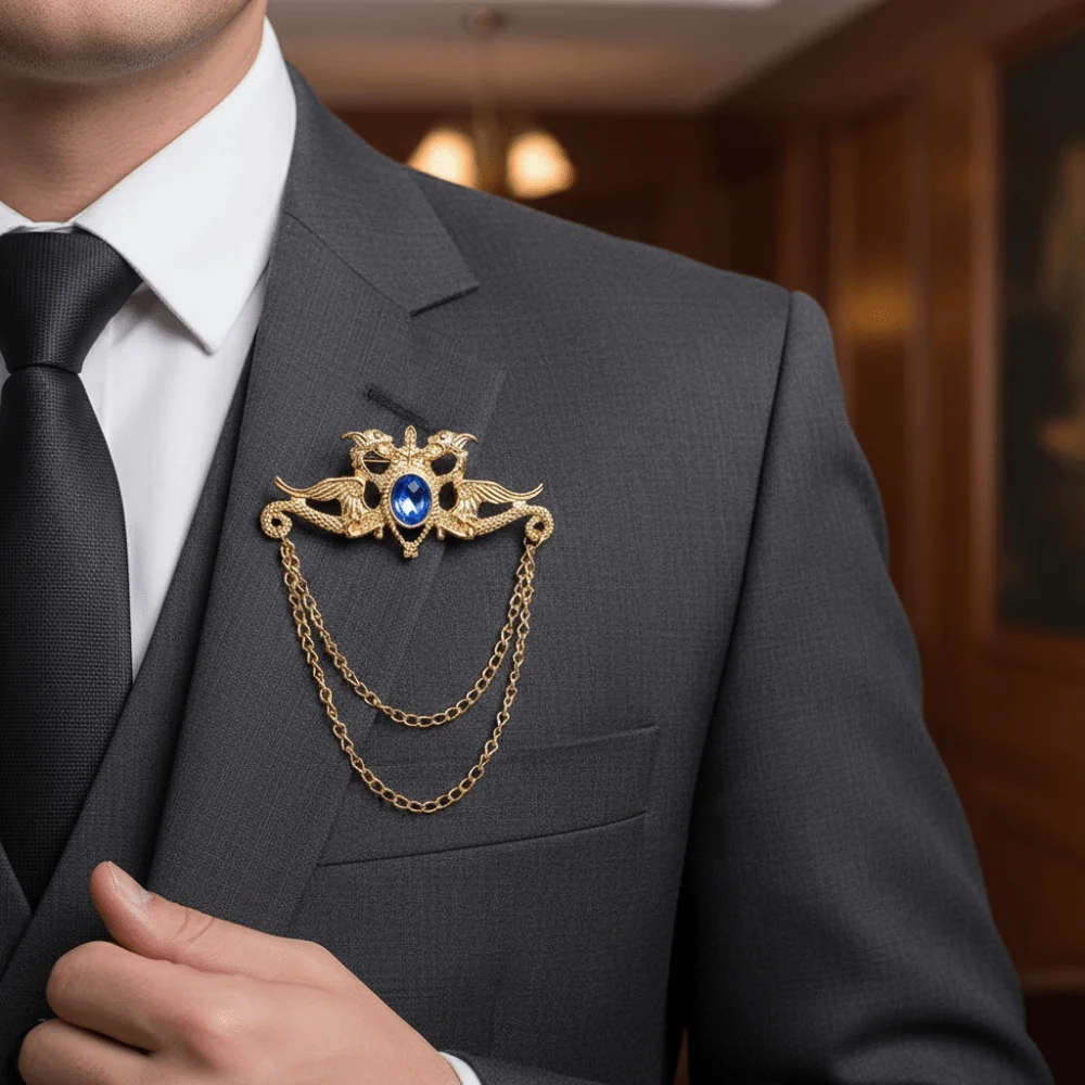 Alloy Chinese Dragon Tassel Brooch Tassel Chain Rhinestone Suit Collar Pin Clothing Accessory Badge Men Brooch