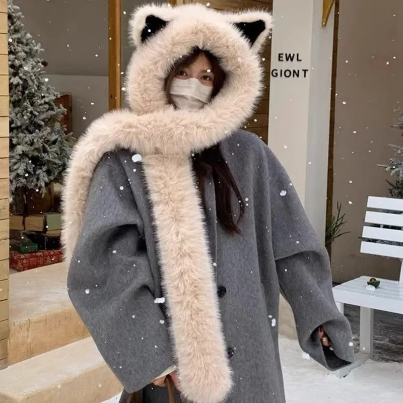 Trendy Warm Thick Plush Fox Ear Hooded Fluffy Hat Scarf For Women Autumn And Winter Cold Protection Ear Hat Headwear Accessories