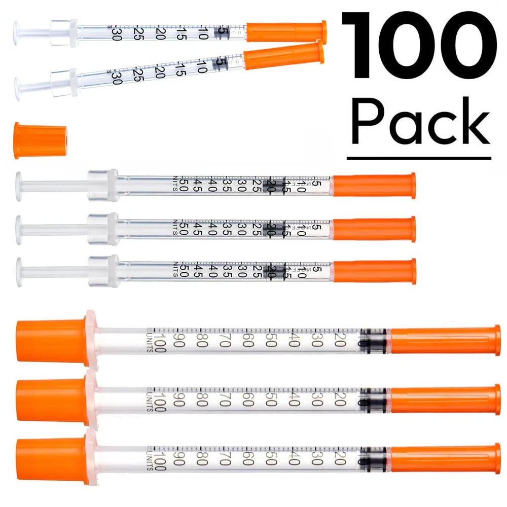 100Pcs 0.3ml 0.5ml 1ml Sterile Insulin Syringe, Individually Wrapped Plastic Syringe for Pet Veterinary Lab Use
