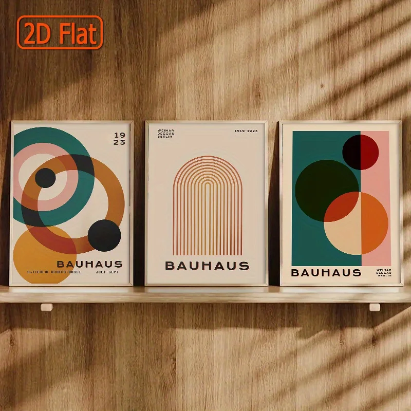 3pcs Retro Abstract Bauhaus Canvas Wall Art Print, Unframed Minimalist Geometric Circle Poster Art for Living Room, Office Decor