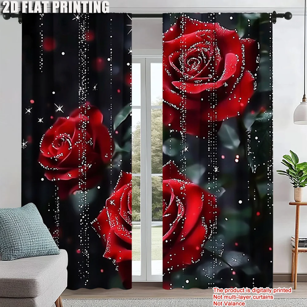 

2Pcs Fashion Romantic Star Rose Flower Pattern Curtain Home Decoration Rod Pocket Design For Easy Installation Digital Printed