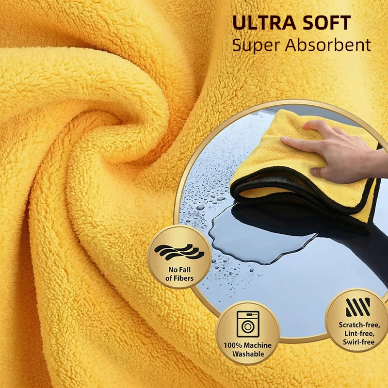1/2/5pcs Microfiber Cleaning Towel — Thicken Soft, Double Layer, Hemming Edge, Car Wash Drying Cloth, Auto Detailing Accessory