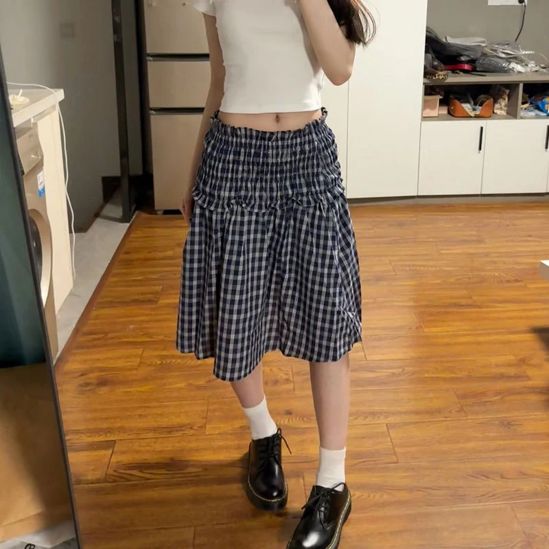 MEXZT Vintage Plaid Mini Skirt Women Harajuku Aesthetic Patchwork Knee Length Skirts Summer Korean High Waist A Line Faldas New
