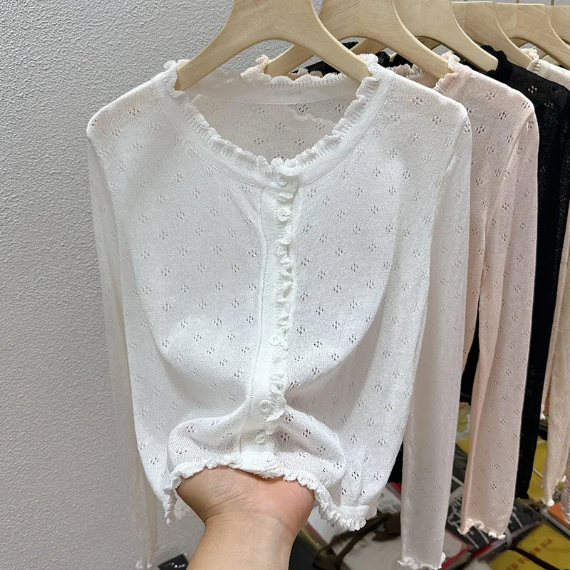 New Long Sleeve Knit Sweater Cardigan Women Knitted Sweater Women Cardigans Tops White O-Neck Hollow Out Sueters De Mujer