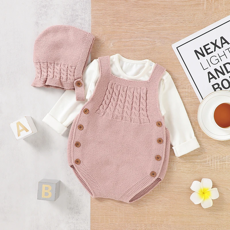 Body dziecięce ubrania wiosna jesień bez rękawów Knitting nowonarodzone chłopcy dziewczęta solidne zestawy czapek Onesie 2 szt. Kombinezony dla niemowląt stroje