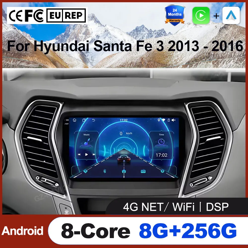 

Wireless CarPlay Android Auto Radio For Hyundai Santa Fe 3 2013 - 2016 4G WIFI Car Multimedia GPS Tools Bluetooth SWC DSP Fan