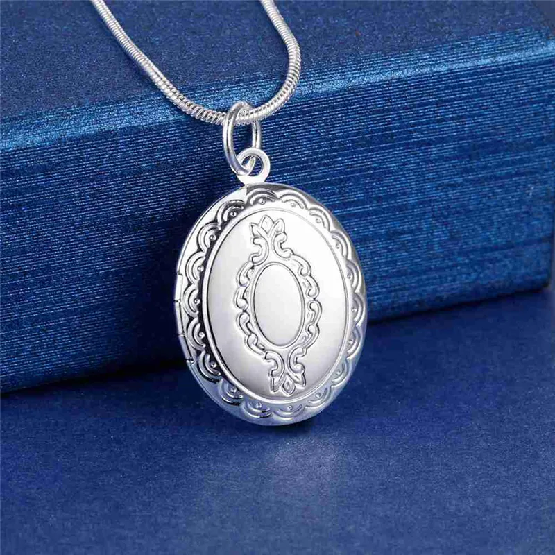

925 Sterling Silver Oval Round Photo Frame Pendant Necklace 18/20-28/30 Inch Snake Chain For Woman Man Wedding Jewelry