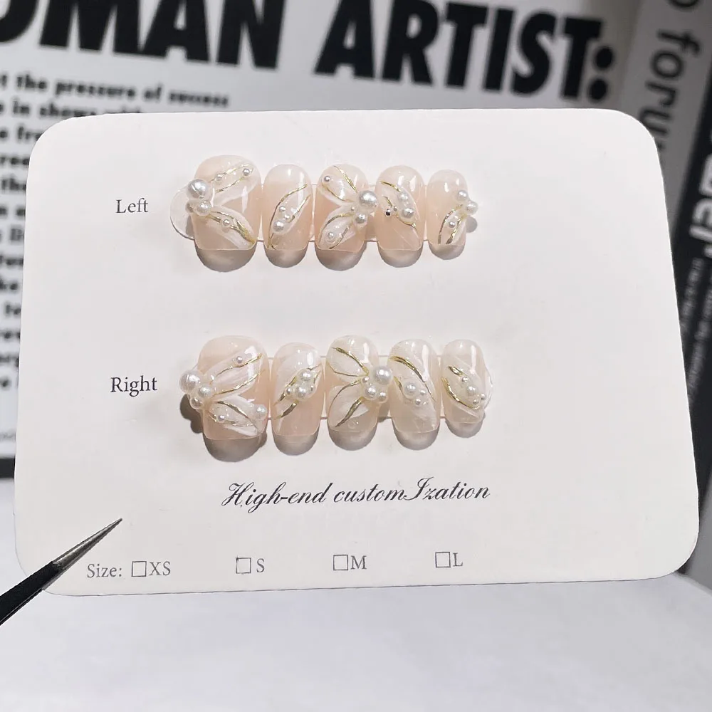

MAGO Handmade Press on Full Cover Professional Nails Hand Painted Ribbon Pearls Short Reusable Finished Fake Nails