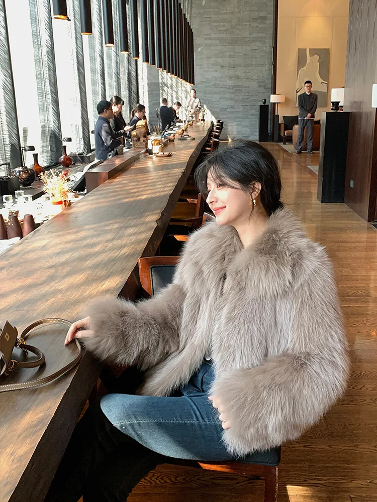 Women Faux Fox Fur Coats Solid Short Jackets Long Sleeves Turn Down Collar Open Stitch Loose Elegant Casual 2026 Autumn Winter