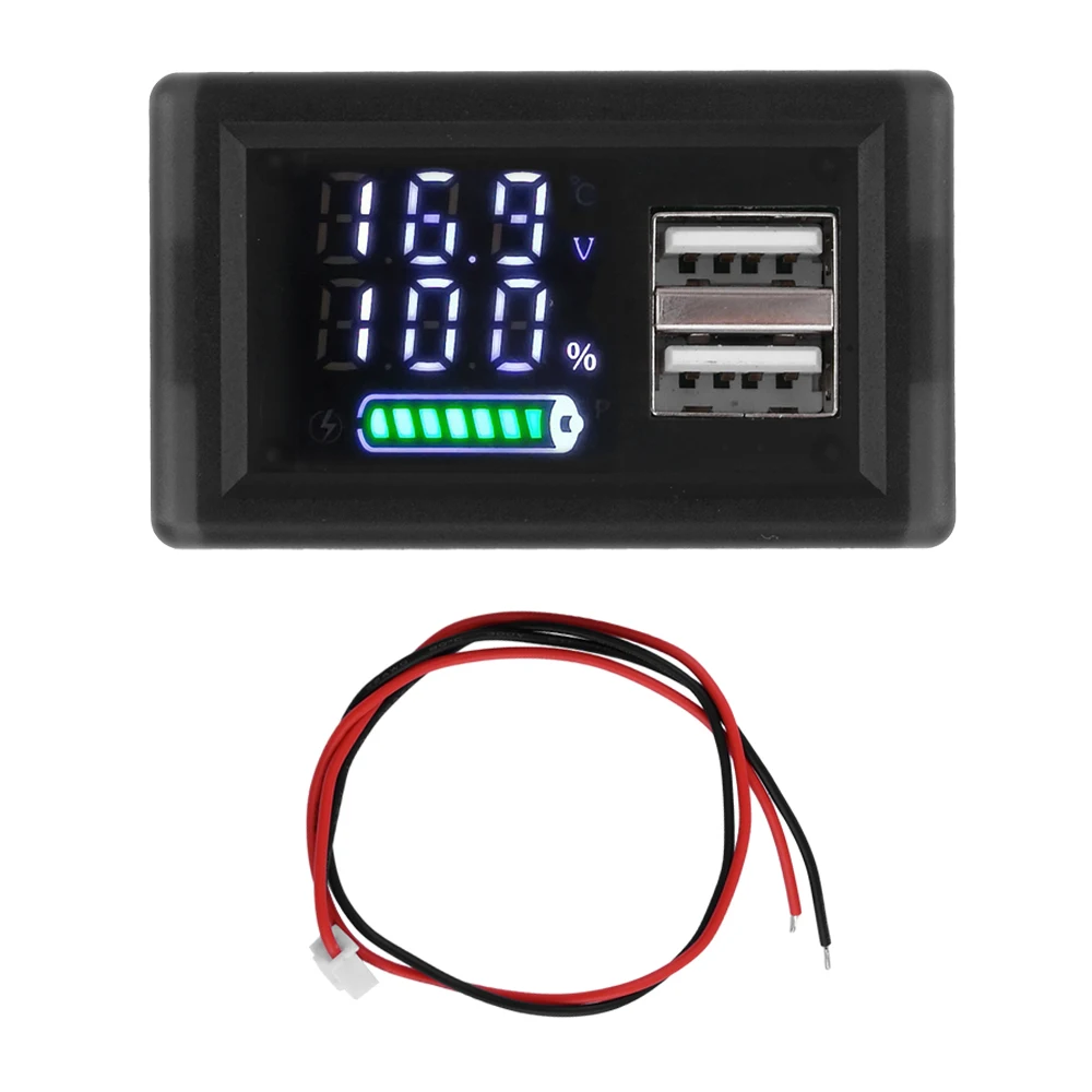 Lithium Battery Capacity Meter Tester, indicador de nível de carga, display LED, voltímetro, Dual USB, DC 9V, 12V, 24V